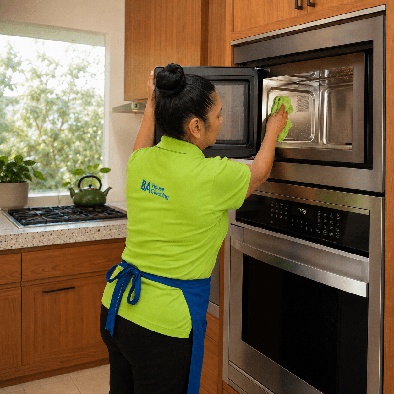 BA House Cleaning technician cleaning microwave interior