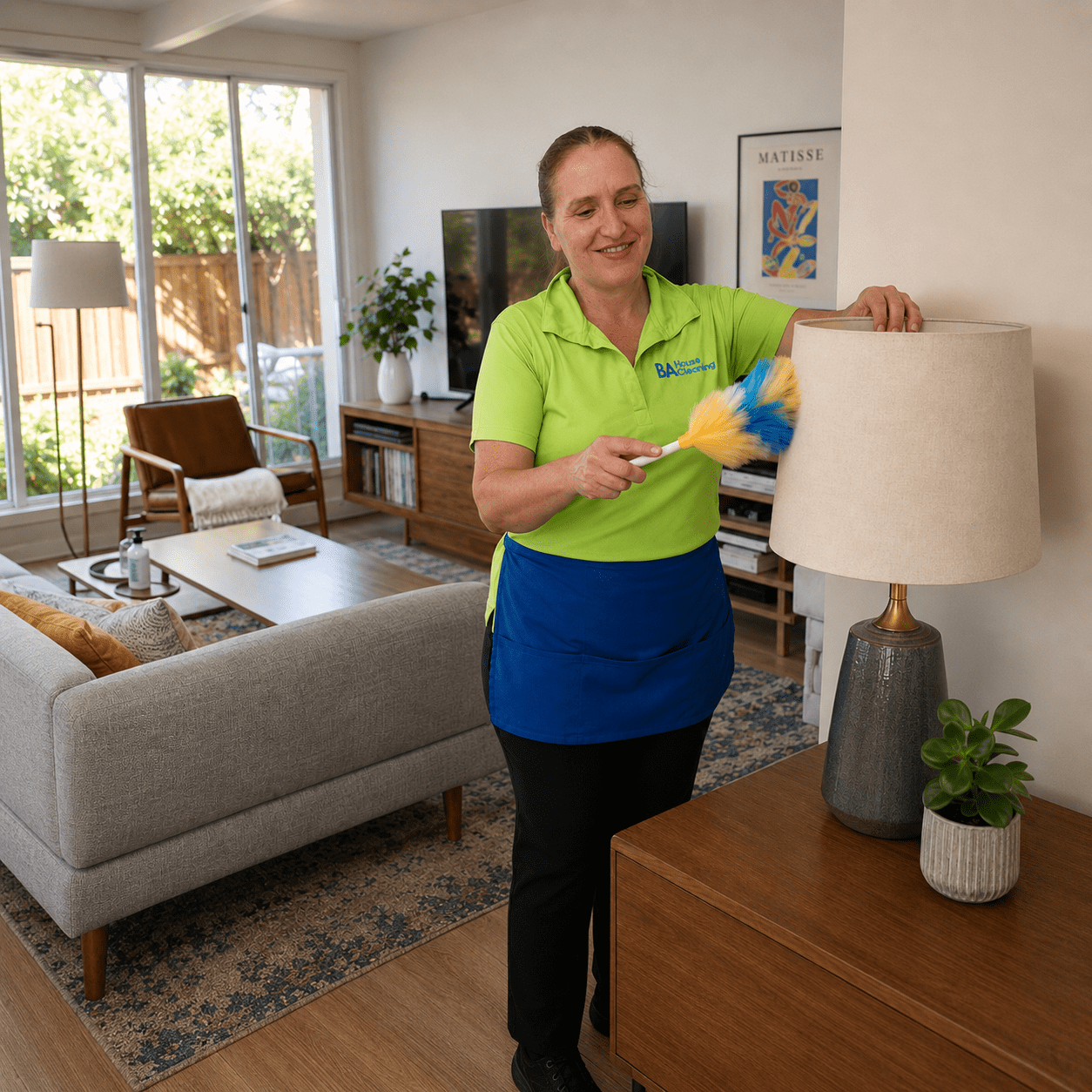 BA House Cleaning Technician dusting lamps