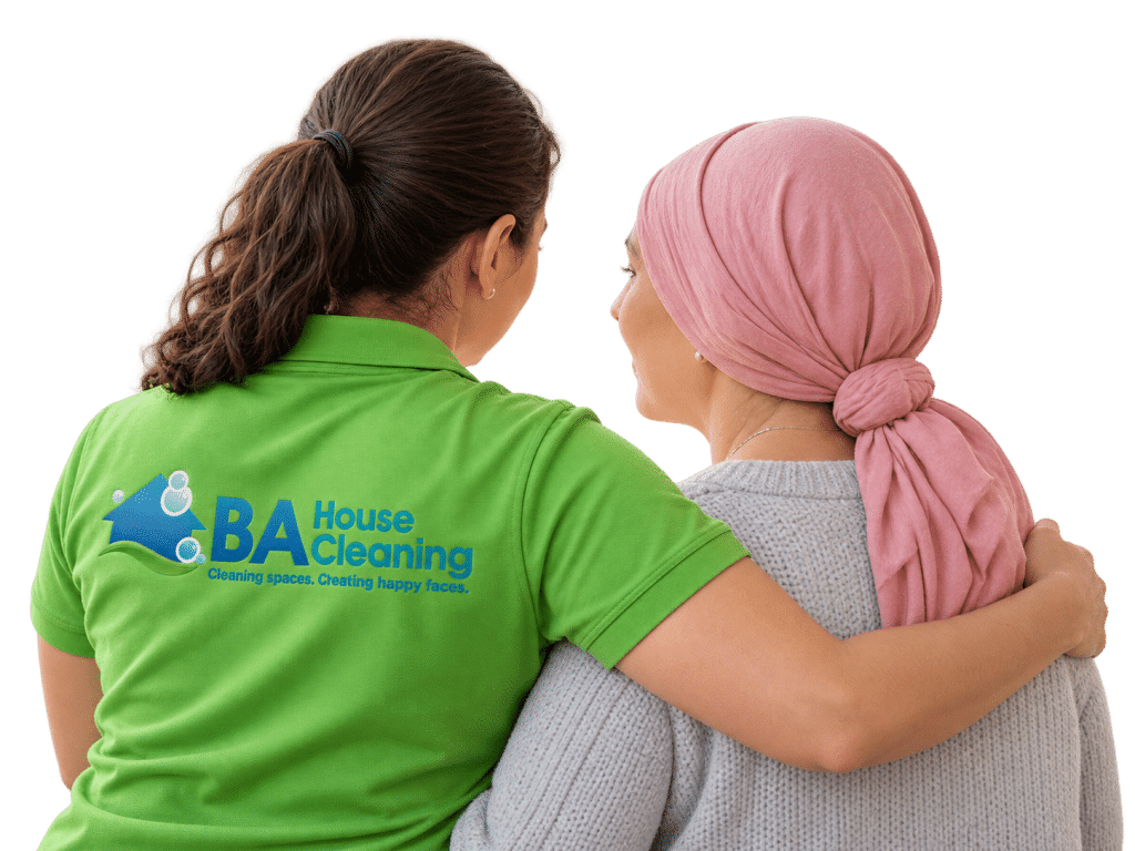 person with cancer comforted by BA house cleaning technician